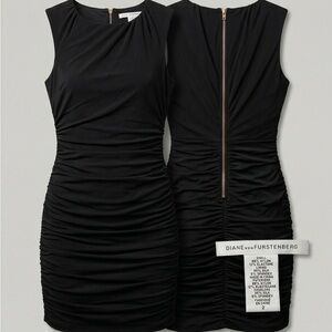 DVF Diane Von Furstenberg Tulipan Dress Mini Black Silk Sleeveless Ruched 2 XS